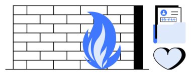 Mavi alevli tuğla güvenlik duvarı, kişisel bilgili klasör ve kalp ikonu siber güvenliği, veri korumasını ve kullanıcı güvenini vurguluyor. Gizlilik, güvenlik, teknoloji, yazılım güvenlik duvarları ağı için ideal