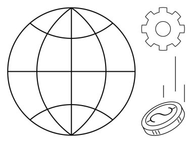 Şebeke hatları, teçhizatı ve düşen bozuk para ile ticaret, finans ve endüstriyi gösteren bir dünya. Küresel iş, ekonomi, yenilikçi yatırım teknolojisi sürdürülebilirliği için idealdir. Basit düz