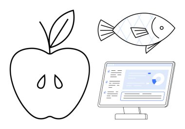 Tohumlu elma, balık özeti ve ekrandaki veri. Beslenme, teknoloji, gıda tercihleri, denge, analitik dijital sağlık için ideal. Basit bir düz metafor.