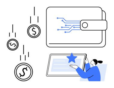 Devre dizaynlı cüzdan, işlemi temsil eden bozuk paralar, dijital arayüze bağlanan kullanıcı. Fintech, kripto para birimi, çevrimiçi ödemeler, e-ticaret, kişisel finans, dijital