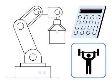 Robot kol hareket halinde, el bilgisayarı hesap makinesi, ağırlık kaldırma figürü. Teknoloji, otomasyon, verimlilik, yenilik, endüstriyel güç verimliliği kavramları için idealdir. Temiz, düz metafor
