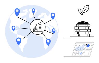 Dünya çapında konumlara bağlı fabrika, içinde finansal büyümeyi sembolize eden filizlenen madeni paralar, veri içgörüsü için dizüstü bilgisayarda analitik çizelgeler. İş, finans ve sürdürülebilirlik için ideal