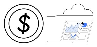 Bulutla bağlantılı dizüstü bilgisayarın yanında madeni grafikler ve grafikler gösteren bir dolar. Finans, bulut hesaplama, dijital ekonomi, teknoloji, iş büyümesi, finansal analiz için ideal