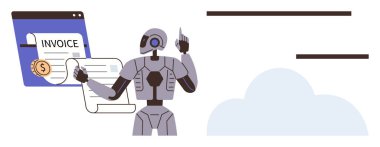 Bulut veri deposunun yanındaki faturaları gözden geçiren robot. Otomasyon, finans, yapay zeka, dijital iş akışı, maliyet yönetimi, verimlilik, yenilik, basit düz metafor