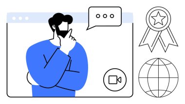 Tarayıcı penceresi, konuşma balonu, madalya ikonu ve dünya içerisindeki video görüşmeleri sırasında fikirleri düşünen bir adam. Yaratıcılık, problem çözme, sanal takım çalışması, hedef belirleme, başarı iletişimi için ideal