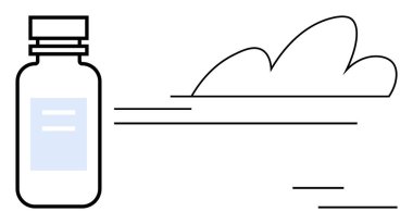 Hareket çizgileri ve soyut bulut sembolü hız, verimlilik, yenilik, sağlık, lojistik, teknoloji ve refahı temsil eden ilaç şişesi. Sağlık, teslimat eczanesi veya tedavi için ideal