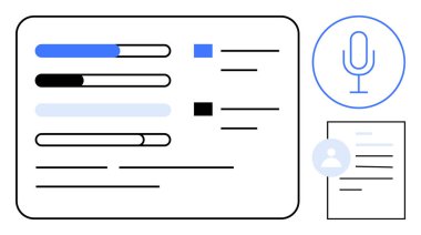 İlerleme çubukları, metin listeleri, mikrofon simgesi ve kullanıcı profilli belge grafiği. Teknoloji, veri, verimlilik, iletişim analizi dijital araçlar organizasyonu için idealdir. Basit düz