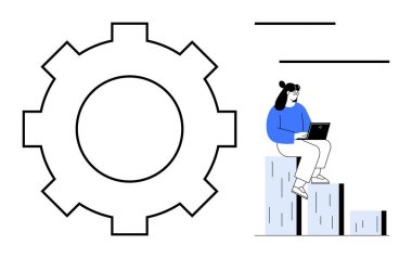 Çarklı sembol, çubuk grafikte oturan kişiyle eşleştirilmiş. Takım çalışması, verimlilik, verimlilik, veri analizi, strateji, gelişme, büyüme için ideal. Basit düz metafor