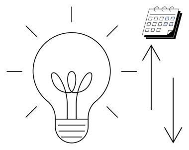 Işıklı ampul, takvim ve oklar ilerlemeyi ve gerilemeyi gösteriyor. Yenilik, planlama, verimlilik, organizasyon, strateji zaman yönetimi öncelikleri için idealdir. Basit düz