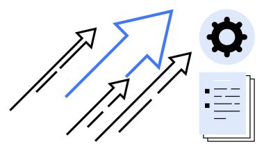 Verimliliği, ilerlemeyi, gelişmeyi ve hedef başarısını sembolize eden, dişli ve belgeli dört yükselen ok. İş, strateji, yenilik, takım çalışması, süreç optimizasyonu için ideal başarı