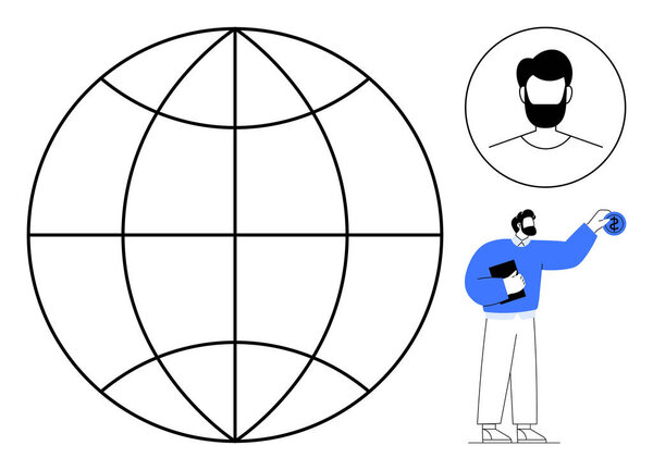 Large spherical grid, professional holding document and globe icon, user avatar. Ideal for network, communication, technology, global reach, digital integration teamwork business. Simple flat