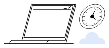 Minimalist ekranlı dizüstü bilgisayarı aç, saati gösteren duvar saati ve bulut elementi. Üretkenlik, uzak çalışma, zaman yönetimi, süreler, zamanlama, verimlilik için ideal basit düz metafor