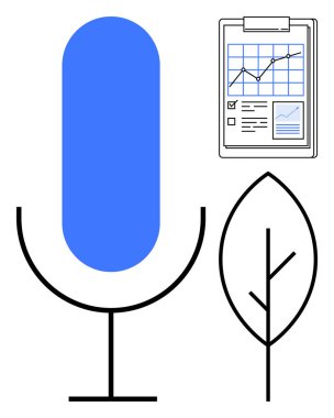 Mavi mikrofon, grafikli ve raporlu pano ve minimalist yaprak simgesi. İletişim, sürdürülebilirlik, teknoloji, veri analizi, çevre dostu girişimler, ilerleme yeniliği için ideal