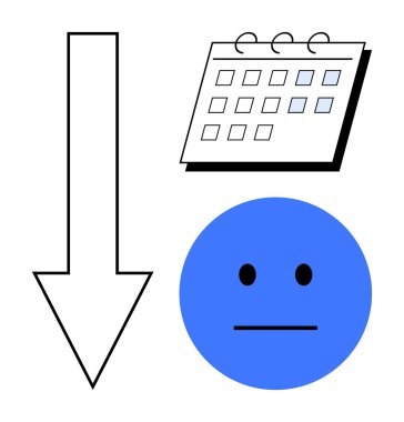 Aşağı doğru ok, takvim ve nötr mavi yüz ruh hali, son teslim tarihi ve zaman baskısı değişimlerini yakalıyor. Üretkenlik, teslim tarihi, duygular, zaman yönetimi zihinsel sağlık analizi için ideal