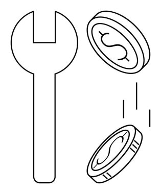 Düşen bozuk paraların yanı sıra dolar işaretleri, mali araçlar, tasarruf, bütçe, zenginlik, onarım, mali düzeltme ve kaynak optimizasyonunu sembolize eden büyük anahtar. Ekonomi araçları için ideal