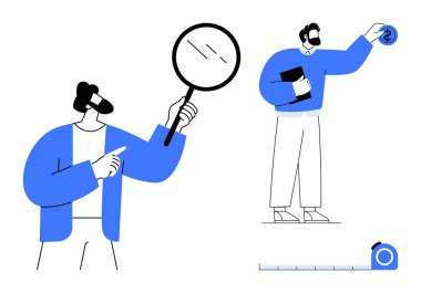Detayları büyüteç ve mezurayla inceleyen ve değerlendiren iki kişi, doğruluğu, araştırmayı, planlamayı ve değerlendirmeyi sembolize ediyor. Analiz, strateji, iş, iş için ideal