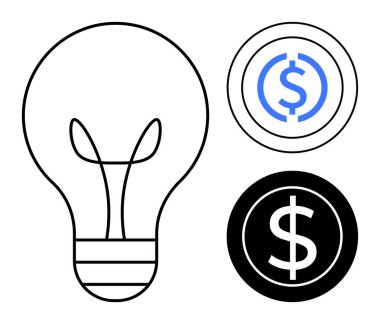 İki madeni para ikonu yanında ampul, biri siyah diğeri mavi, yaratıcılığı, fikirleri, parayı ve ekonomik başarıyı sembolize ediyor. Finans, yenilik, girişimcilik iş yatırımı için ideal
