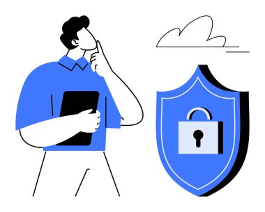 Kilitli ve bulutlu kalkan ikonunun yanında dijital güvenlik ve mahremiyeti vurgulayan bir adam var. Teknoloji, koruma, şifreleme, siber güvenlik, uyum, mahremiyet ve güven için ideal