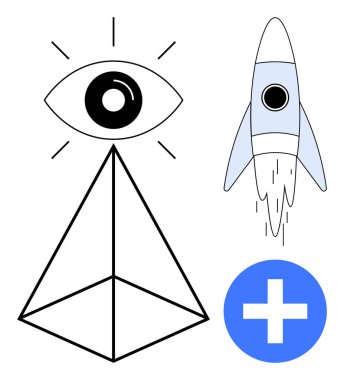 Göz piramidinin tepesinde, roket dikey olarak fırlatılıyor ve artı şeklindeki sembol görüş, büyüme, başarı ve yenilikleri iletiyor. Strateji, yaratıcılık ve ilerleme için idealdir.