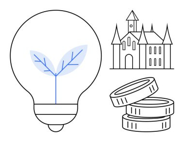 İçinde yaprak filizi olan bir ampul, bir kale ikonu ve istiflenmiş paralar yenilik, sürdürülebilirlik, miras koruma ve finansal büyüme olduğunu gösteriyor. Ekoloji, enerji ve yönetim ekonomisi için ideal