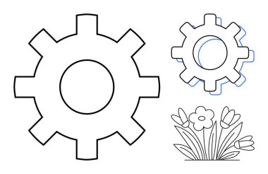 Çiçeklerin yanında dişliler, doğa ve mekanik işbirliğini temsil ediyor. Sürdürülebilirlik, yenilik, eko-teknoloji, denge, mühendislik, uyum ve yenilenebilir enerji için ideal. Basit bir daire.