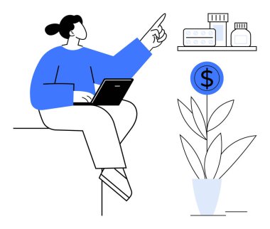 Dizüstü bilgisayarlı bir kadın, para temalı bir fabrikanın yanındaki raftaki ilaçları gösteriyor. Finans, sağlık, yatırım büyümesi, bütçe, tasarruf, dijital araçlar için ideal düz metafor