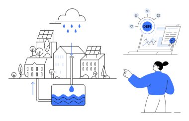 Şehirdeki yağmur suyu toplama sistemi, DeFi etiketli grafik analizi, veriye bakan kişi. Sürdürülebilirlik, temiz enerji, fintech, yenilik, eğitim, teknoloji kentsel kalkınma için ideal