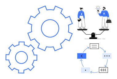 Dişliler işbirliğini sembolize eder. İnsanlar fikirleri ve araçları dengeler. Çalışma akışı döngüsü ilerlemeyi vurgular. Takım çalışması, beyin fırtınası, iş süreci, yenilik, verimlilik, verimlilik için ideal