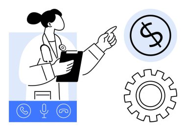 Finansal sembolü gösteren panosu olan bir doktor, dişli simgesi renklendirme işlemleri. Sanal iletişim arayüzünü de içeriyor. Sağlık, teletıp, finans ve karar verme için ideal