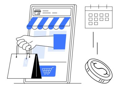 Vitrindeki tententenin altındaki akıllı telefondan, takvim ve bozuk parayla el ile alışveriş torbaları geçiyor. E-ticaret, dağıtım, kolaylık, ödeme, perakende, teknoloji, iş için ideal daire