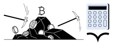 Kazmalar, hesap makinesi eşliğinde kayadan Bitcoin sikkeler çıkarıyorlar. Kripto para birimi, engelleme zinciri, dijital ekonomi, madencilik, finansal analiz, teknoloji yatırım kavramları için idealdir. Basit.
