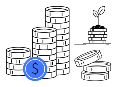 Bozuk para yığınları, dolar işaretleri ve madeni paralardan büyüyen bir fidan, basit bir daire kullanarak tasarruf, zenginlik, büyüme, sürdürülebilirlik, iş planlaması, mali başarı ve ekonomik kavramları vurguluyor.