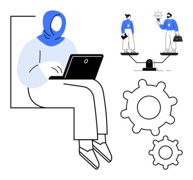 Laptop kullanan tesettürlü kadın, yenilik ve takım çalışmasını dengeleyen teraziler, verimliliği temsil eden dişli simgeleri. Takım çalışması, eşitlik, yenilik, üretkenlik, uzaktan çalışma ve karar verme için ideal