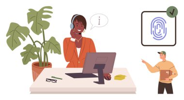 Masasında kulaklığı ve bilgisayarı olan bir müşteri destek ajanı teslimatı yöneten bir kuryeye yardım ediyor. Doğrulanmış bir parmak izi taraması ve tropikal bitki içeriyor. Destek, lojistik ve takım çalışması için ideal