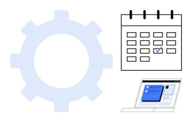 Dişlileri sembolize eden süreçler, işaretli görev takvimi, yazılımı gösteren dizüstü bilgisayar. Üretkenlik, planlama, iş akışı, organizasyon, iş yönetimi ekip çalışması için ideal. Temiz ve basit.