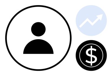 Kalın siyah çemberli kullanıcı silueti, yukarı doğru ok grafiği ve dolar işareti. Finans, iş büyümesi, kullanıcı merkezli stratejiler, ekonomi, kar yatırımı ve liderlik için ideal. Basit düz