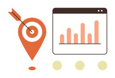 Çubuk çizelgesi ve hedefi tam on ikiden vurarak hedefin başarısını, gelişimini ve stratejisini gösteriyor. İş, pazarlama, analitik, planlama, başarı stratejisi için idealdir. Basit düz metafor