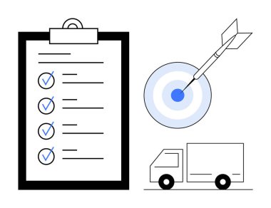 Listeli pano, oklu hedef tahtası ve teslimat kamyonu. Üretkenlik, planlama, lojistik, hedef belirleme, proje yönetimi iş akışı ve verimlilik için ideal. Basit düz metafor