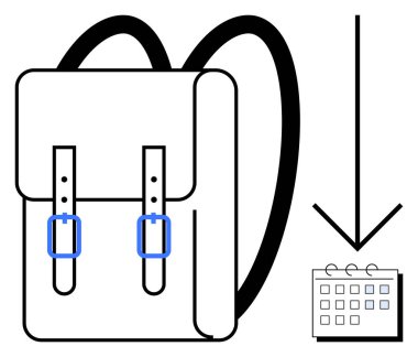 Kayışlı sırt çantası, aşağı doğru ok takvime işaret ediyor. Eğitim, zaman yönetimi, organizasyon, planlama, planlama, seyahat minimalist tasarım için idealdir. Basit düz metafor