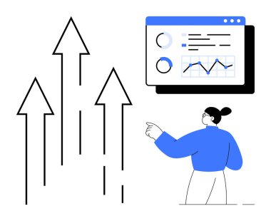 Büyüyen okların yanında grafikler ve çizelgeler olan bir web analiz panelini işaret eden kişi. Veri analizi, performans, büyüme, kalkınma, strateji, iş zekası ve başarı için ideal