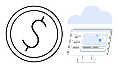 Masaüstü ekranı yakınındaki para birimi simgesi, bulut altındaki finansal grafikleri ve verileri gösteriyor ve çevrimiçi mali yönetimi simgeliyor. Finans, analitik, bulut hesaplama, dijital ekonomi ve fintech için ideal