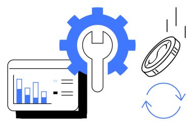 Otomasyonu, finansal büyümeyi, veri analizini ve sistem verimliliğini temsil eden çubuk çizelgesi, bozuk para ve döngü oklarıyla vites kolu. Teknoloji, finans ve analitik takım çalışması için ideal