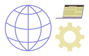 Küresel bağlantıyı temsil eden dünya sembolü, web sitesi düzenine sahip bir dizüstü bilgisayar ve geliştirmek için bir dişli. Teknoloji, bilişim, ağ, web tasarımı, internet, yazılım küresel sosyal yardım için ideal