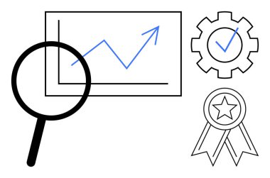 Yükselen bir grafiğin üzerinde büyüteç, işaretli vites, ve yıldızlı kurdele. Analiz, kalite, başarı, strateji, başarı performansı ve büyüme için ideal. Basit düz metafor