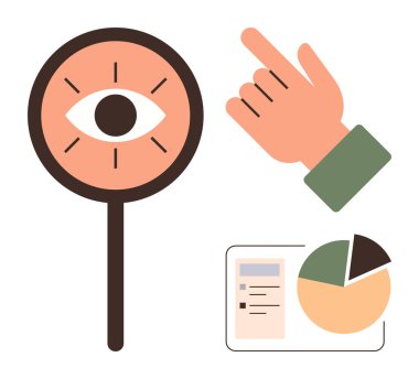 Büyüteç göze odaklanır, el yukarı işaret eder dikkat çeker, daire çizelgesi veri içgörüsünü sembolize eder. Araştırma, analitik, strateji, vizyon, rehberlik, verimlilik için ideal