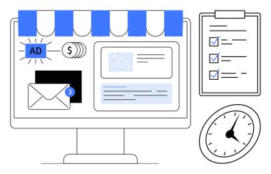 Bir kontrol listesi ve saatin yanında e- posta bildirimleri, reklamlar ve analitikler gösteren bilgisayar ekranı. Pazarlama, üretkenlik, planlama, ecommerce, zaman yönetimi, reklam sektörü için ideal