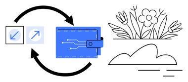 Etrafı çiçekler ve bulutlarla çevrili devre desenleri ve oklarla dolu cüzdan. Finans, teknoloji, sürdürülebilirlik, çevre dostu, engelleme zinciri, büyüme kaynağı yönetimi için idealdir. Basit düz