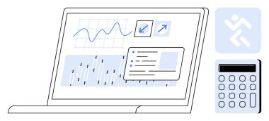 Hesap makinesinin yanında çizelgeleri, grafikleri ve görev simgelerini gösteren dizüstü bilgisayarları aç. Analiz, performans takibi, verimlilik hesaplaması, takım yönetimi, mali inceleme, proje planlaması için ideal