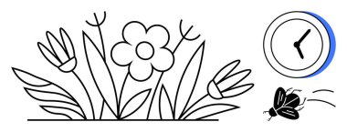 Çiçek bahçesinde vızıldayan böcek ve saat zamanı, büyümeyi ve verimliliği simgeliyor. Doğa, çevre, zaman yönetimi, ekoloji, yaşam döngüleri, sürdürülebilirlik için ideal