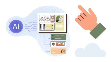 Yapay zeka teknolojisi verileri çizelgeler, grafikler ve modüllerle işlerken insan eliyle gösteriyor. Yenilik, işbirliği, yapay zeka, otomasyon, veri analizi, teknoloji eğitimi için ideal